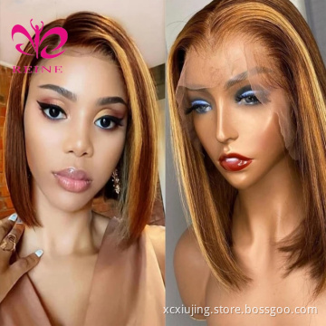Ombre Highlight Wig 13x4 HD Transparent Lace Front Wig Straight Bob Wig Brown Honey Blonde Short Bob